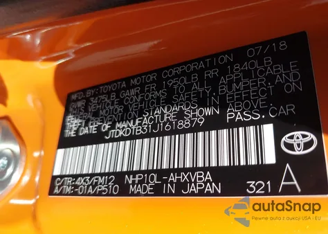 2018 Toyota Prius C из США, поврежденный, VIN JTDKDTB31J1618879